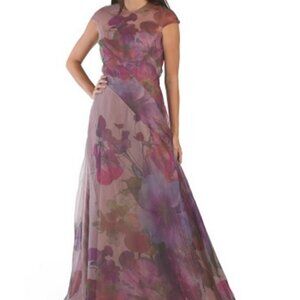 Rene Ruiz Orchid Purple Short Sleeve Floral Organza Gown